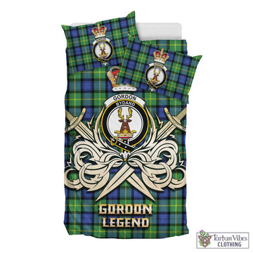 Gordon Old Ancient Tartan Bedding Set with Clan Crest and the Golden Sword of Courageous Legacy