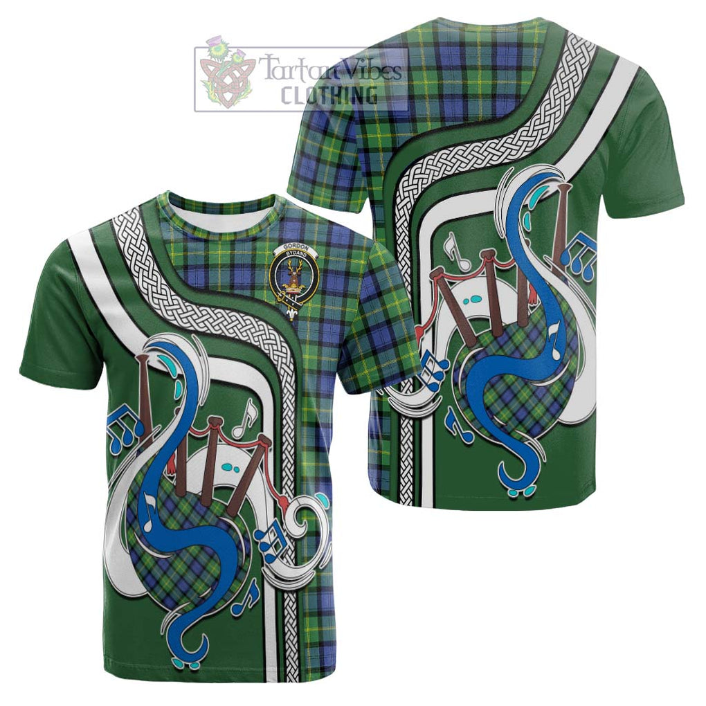 Tartan Vibes Clothing Gordon Old Ancient Tartan Cotton T-shirt with Epic Bagpipe Style