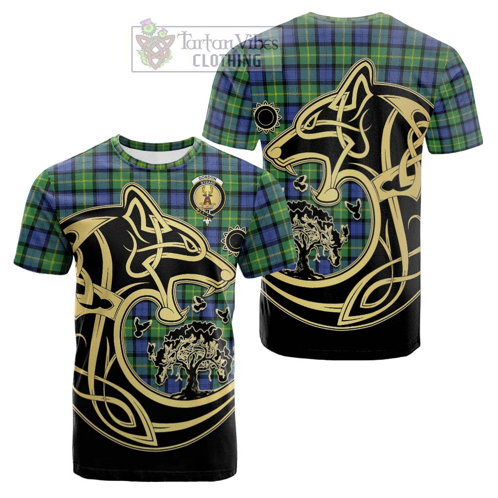 Tartan Vibes Clothing Gordon Old Ancient Tartan Cotton T-shirt with Family Crest Celtic Wolf Style