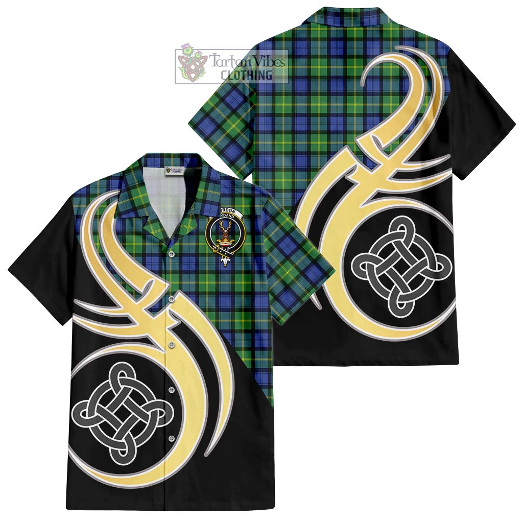 Gordon Old Ancient Tartan Short Sleeve Button Shirt with Family Crest and Celtic Symbol Style - Tartan Vibes Clothing