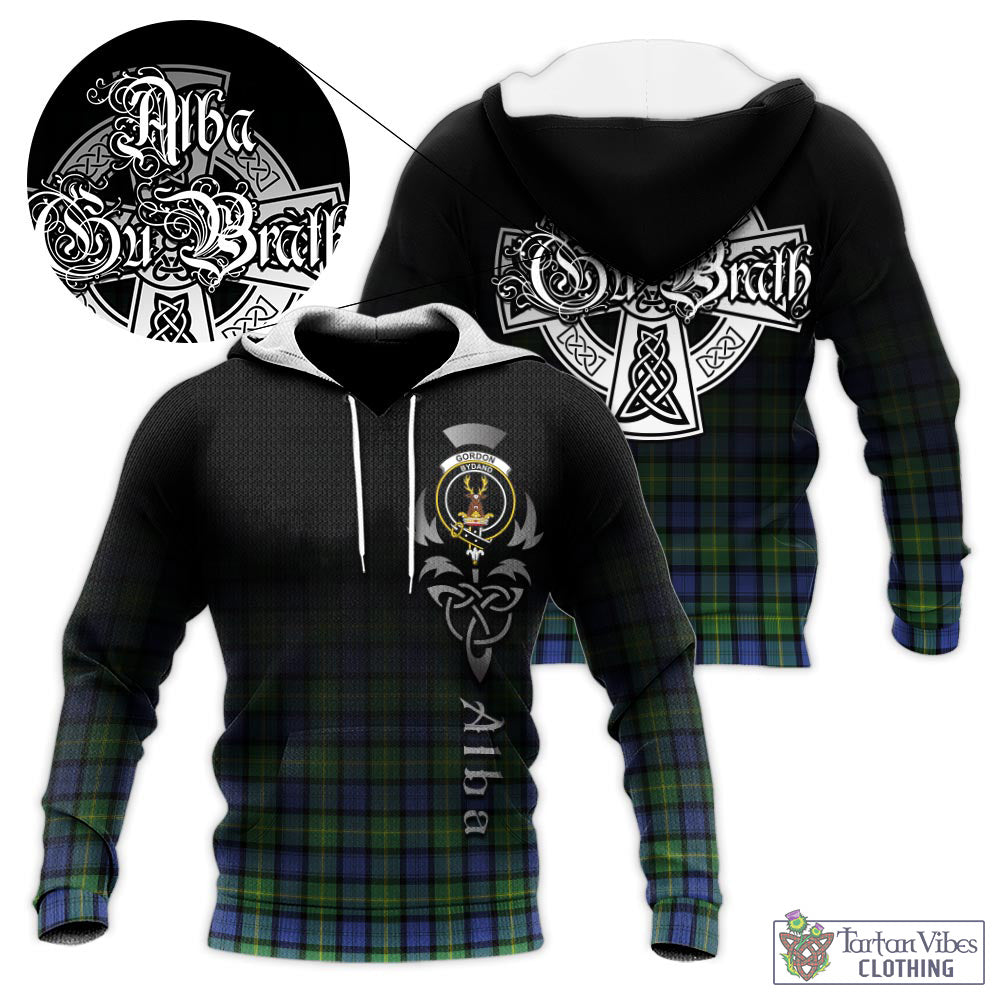 Tartan Vibes Clothing Gordon Old Ancient Tartan Knitted Hoodie Featuring Alba Gu Brath Family Crest Celtic Inspired