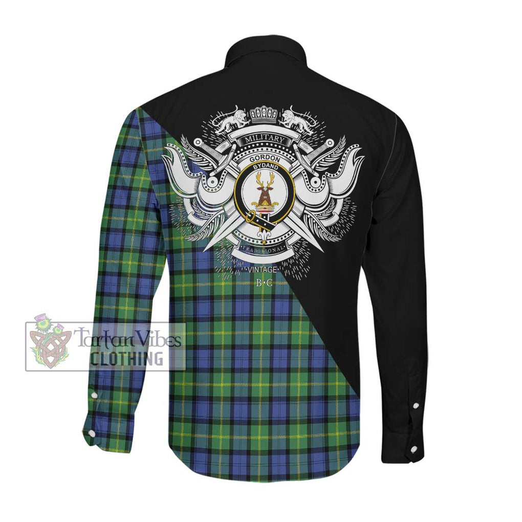 Gordon Old Ancient Tartan Long Sleeve Button Shirt with Family Crest and Military Logo Style Men's Shirt - Tartanvibesclothing Shop