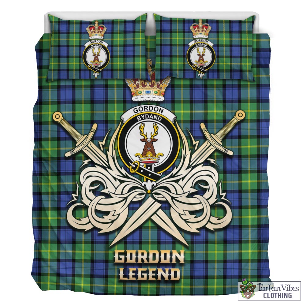 Tartan Vibes Clothing Gordon Old Ancient Tartan Bedding Set with Clan Crest and the Golden Sword of Courageous Legacy