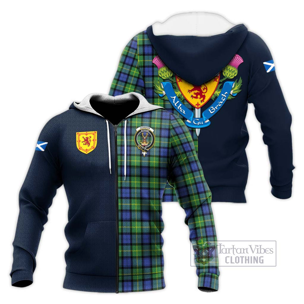 Tartan Vibes Clothing Gordon Old Ancient Tartan Knitted Hoodie with Scottish Lion Royal Arm Half Style