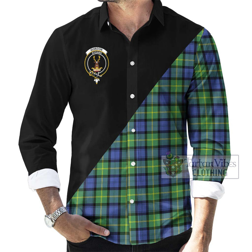 Gordon Old Ancient Tartan Long Sleeve Button Shirt with Family Crest and Military Logo Style - Tartanvibesclothing Shop