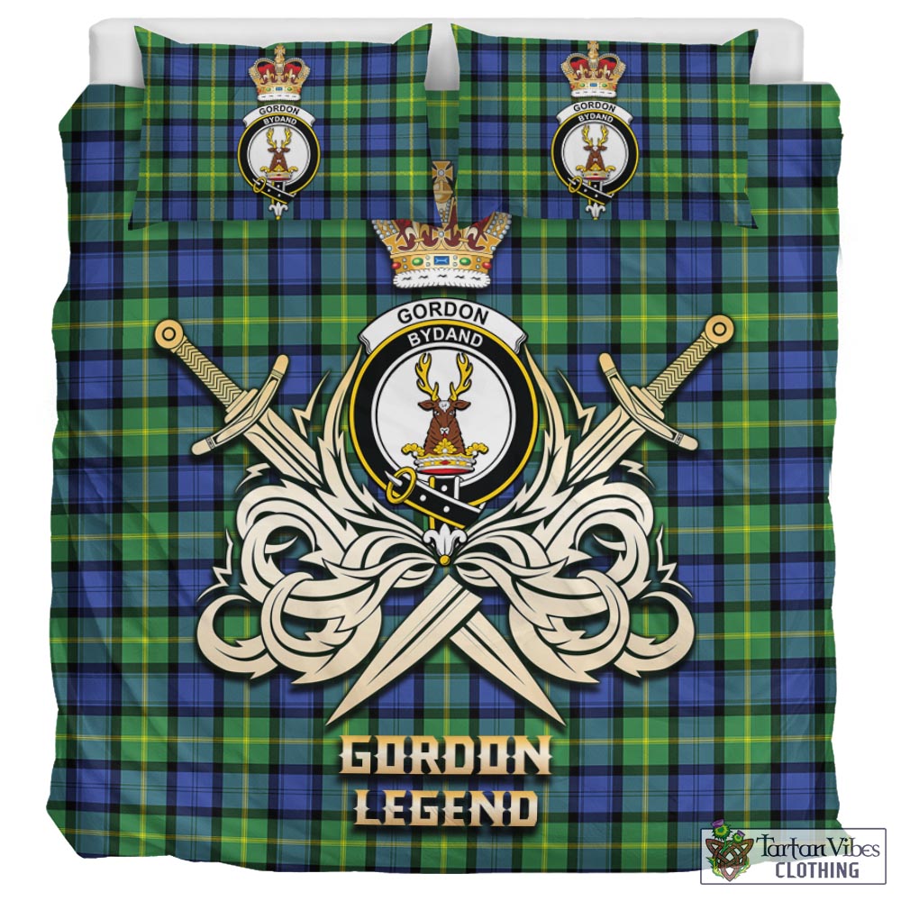 Tartan Vibes Clothing Gordon Old Ancient Tartan Bedding Set with Clan Crest and the Golden Sword of Courageous Legacy