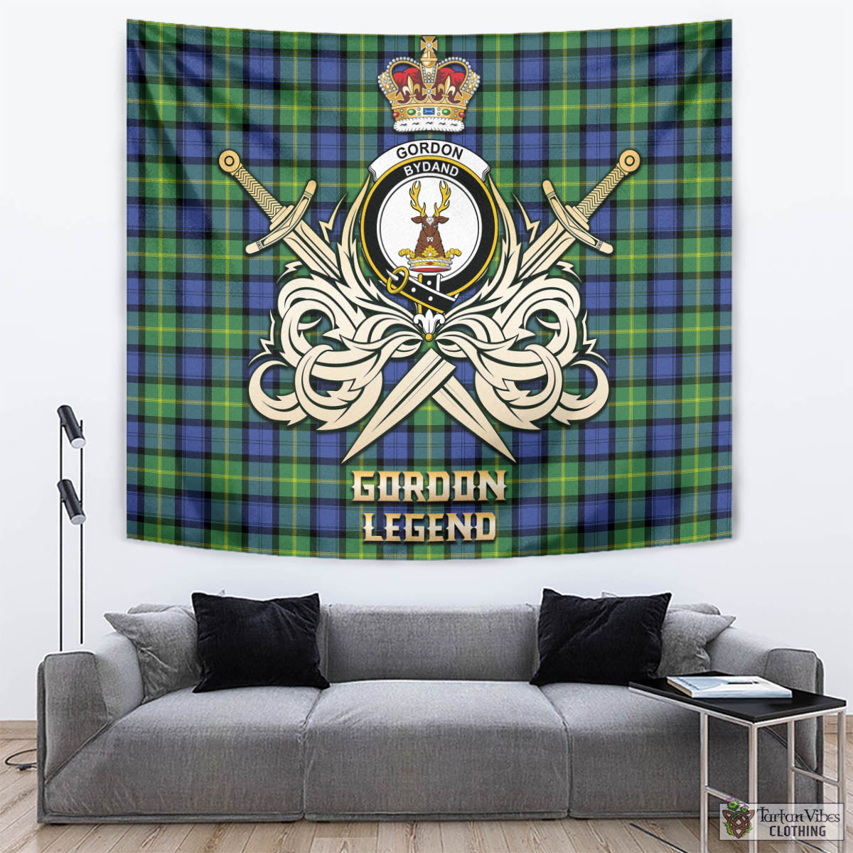 Tartan Vibes Clothing Gordon Old Ancient Tartan Tapestry with Clan Crest and the Golden Sword of Courageous Legacy