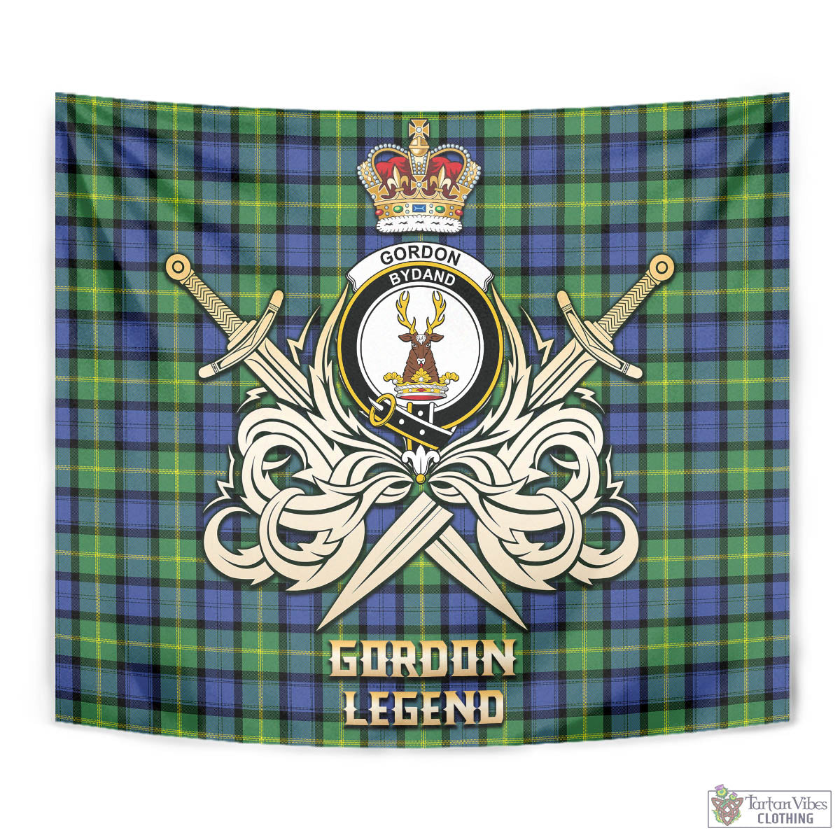 Tartan Vibes Clothing Gordon Old Ancient Tartan Tapestry with Clan Crest and the Golden Sword of Courageous Legacy