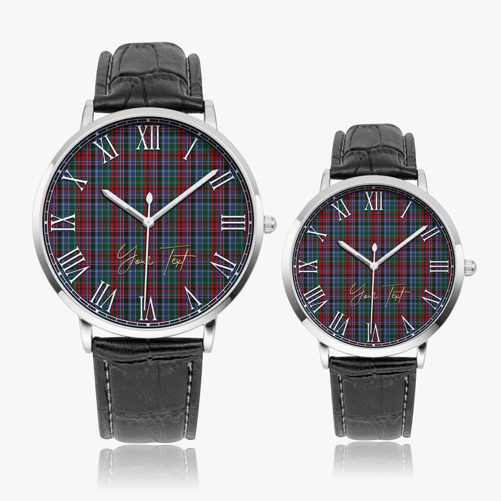 Gordon Red Tartan Personalized Your Text Leather Trap Quartz Watch Ultra Thin Silver Case With Black Leather Strap - Tartanvibesclothing