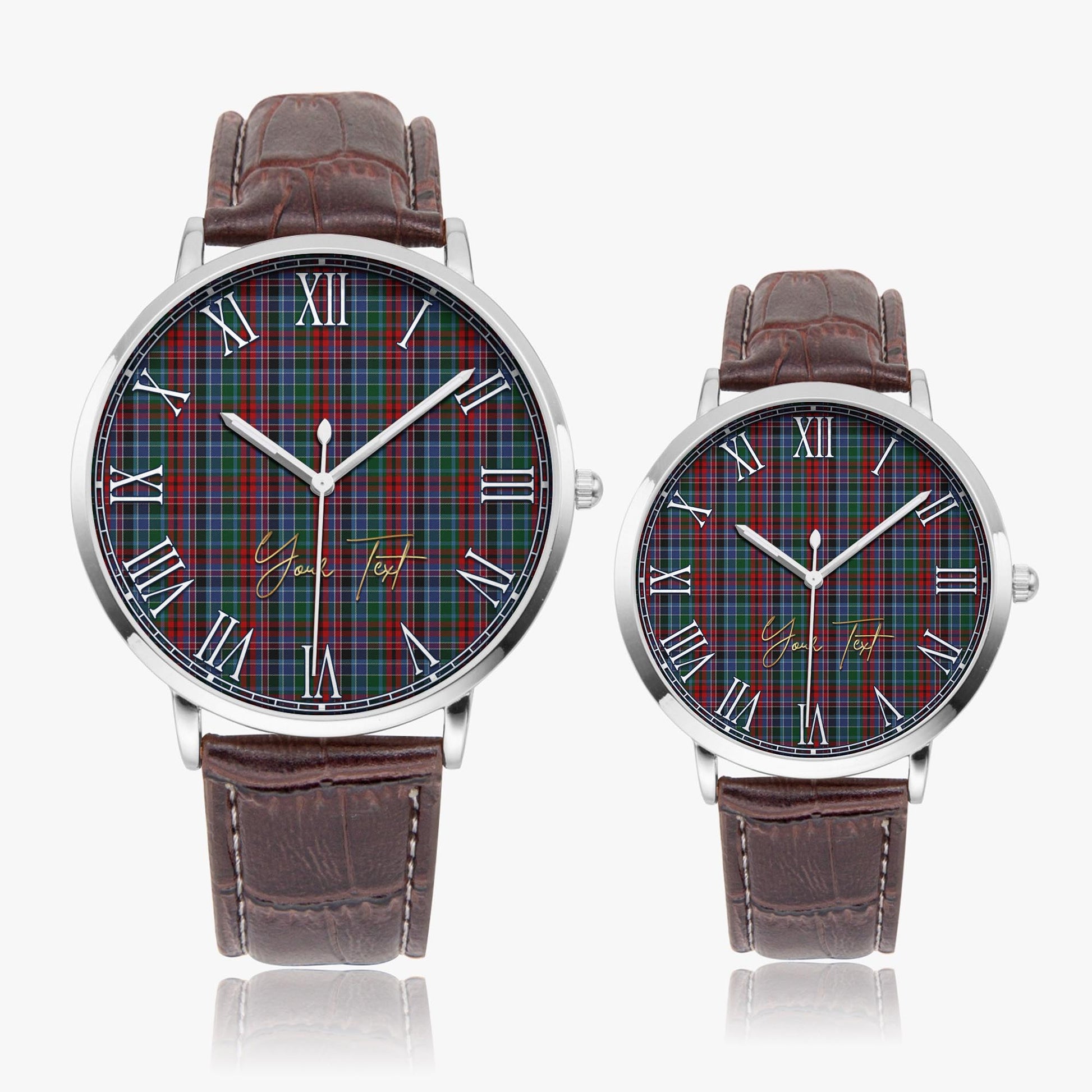 Gordon Red Tartan Personalized Your Text Leather Trap Quartz Watch Ultra Thin Silver Case With Brown Leather Strap - Tartanvibesclothing