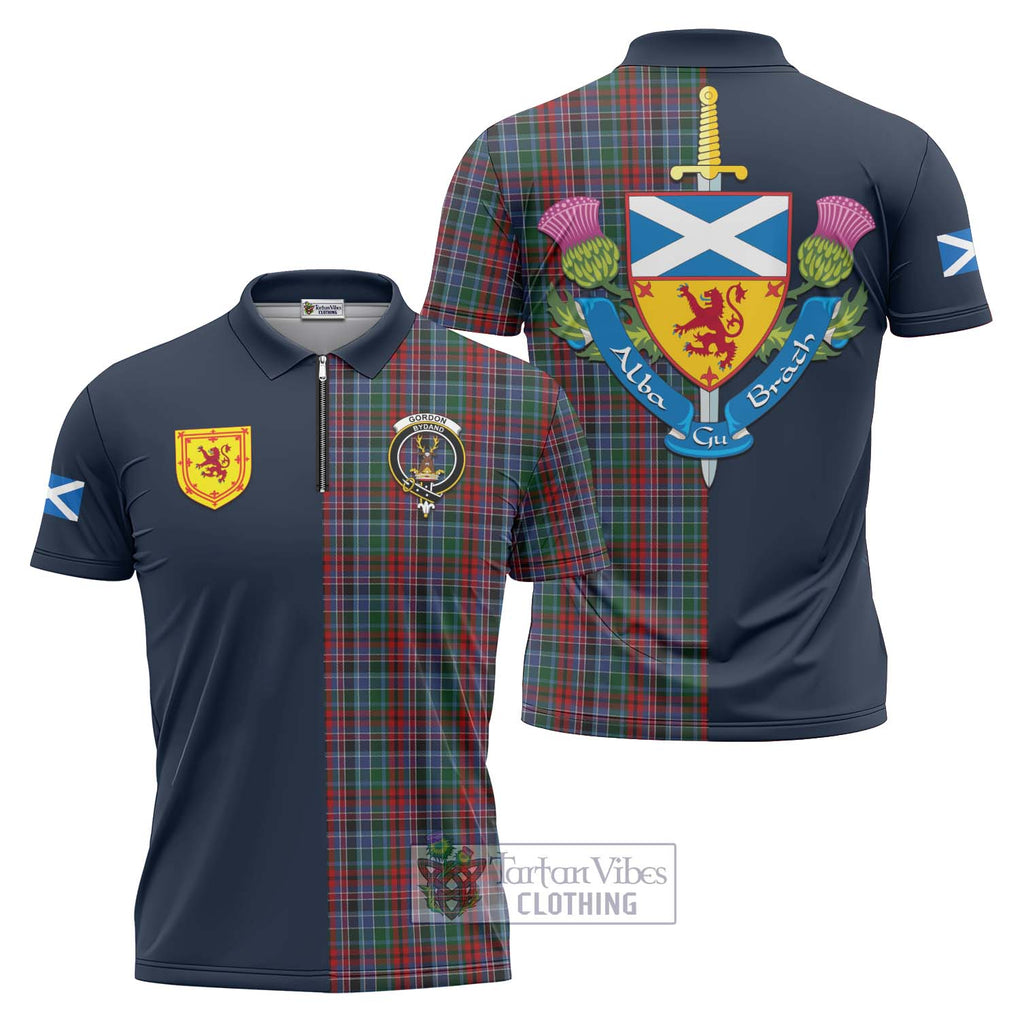 Tartan Vibes Clothing Gordon Red Tartan Zipper Polo Shirt with Scottish Lion Royal Arm Half Style