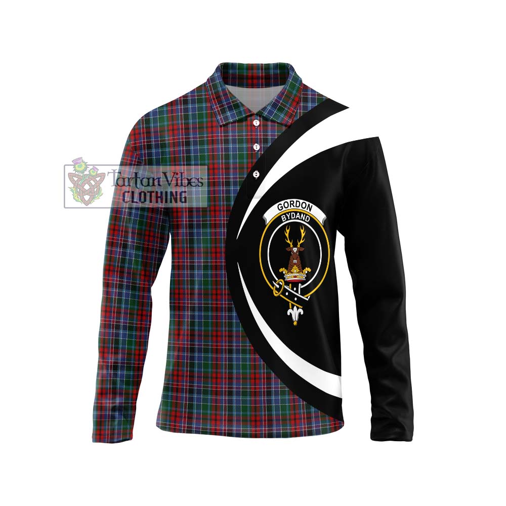 Gordon Red Tartan Long Sleeve Polo Shirt with Family Crest Circle Style Unisex - Tartan Vibes Clothing