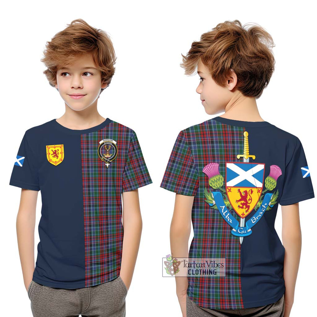 Tartan Vibes Clothing Gordon Red Tartan Kid T-Shirt with Scottish Lion Royal Arm Half Style