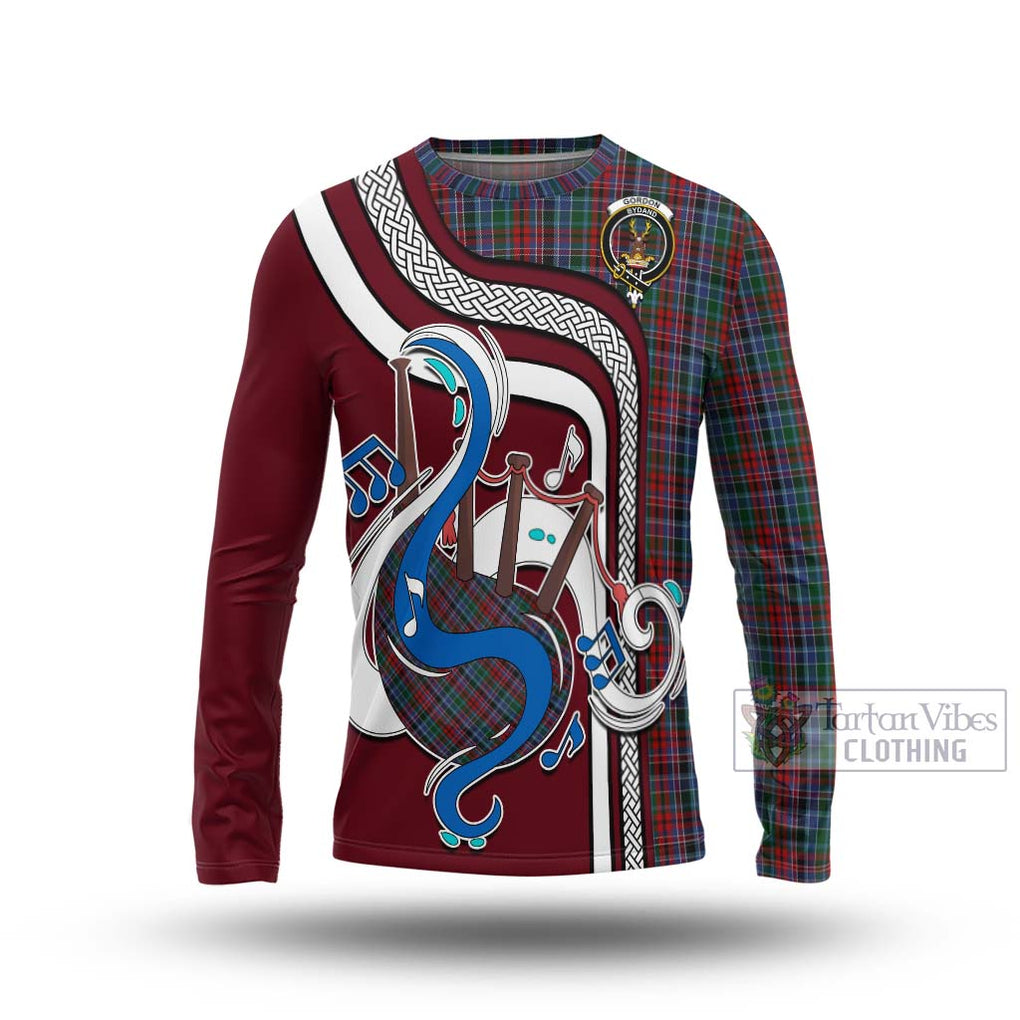 Tartan Vibes Clothing Gordon Red Tartan Long Sleeve T-Shirt with Epic Bagpipe Style