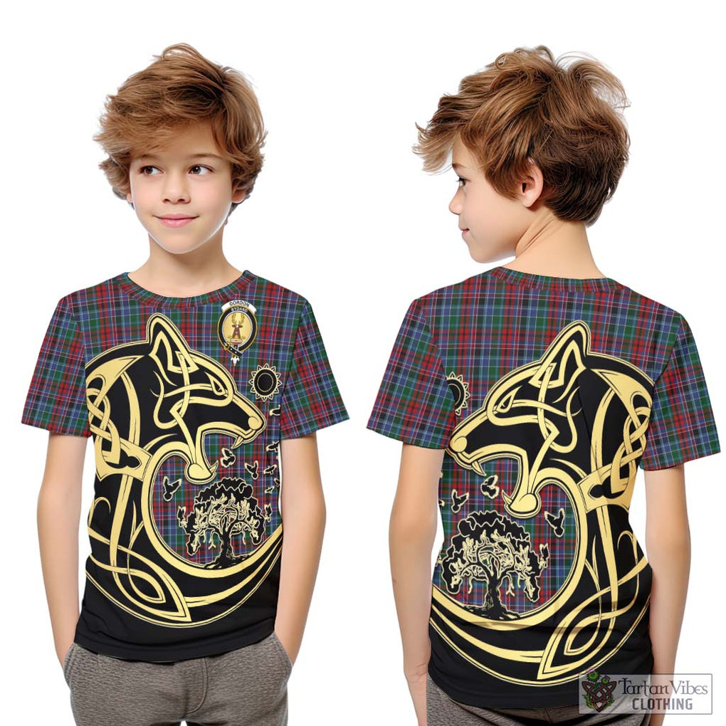 Gordon Red Tartan Kid T-Shirt with Family Crest Celtic Wolf Style Youth XL Size14 - Tartan Vibes Clothing