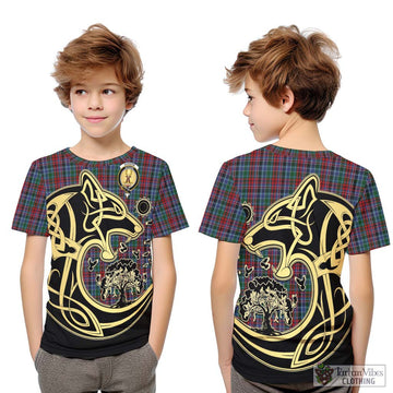 Gordon Red Tartan Kid T-Shirt with Family Crest Celtic Wolf Style