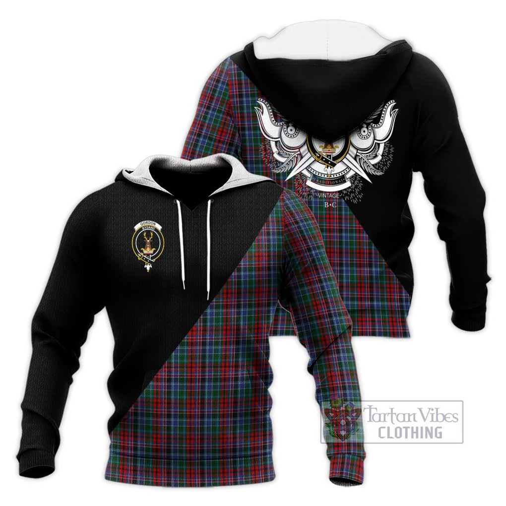 Gordon Red Tartan Knitted Hoodie with Family Crest and Military Logo Style Unisex Knitted Pullover Hoodie - Tartanvibesclothing Shop