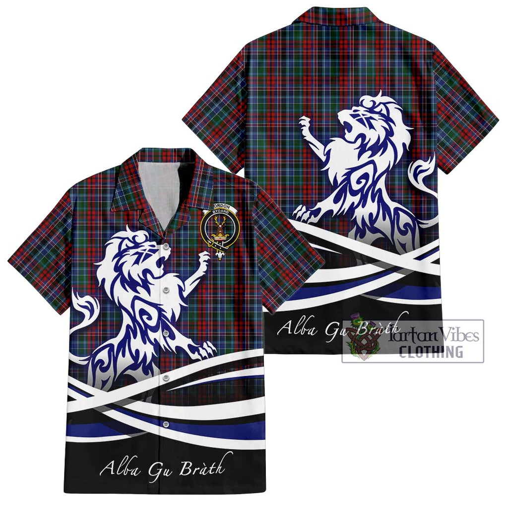 Gordon Red Tartan Short Sleeve Button Shirt with Alba Gu Brath Regal Lion Emblem Kid - Tartanvibesclothing Shop