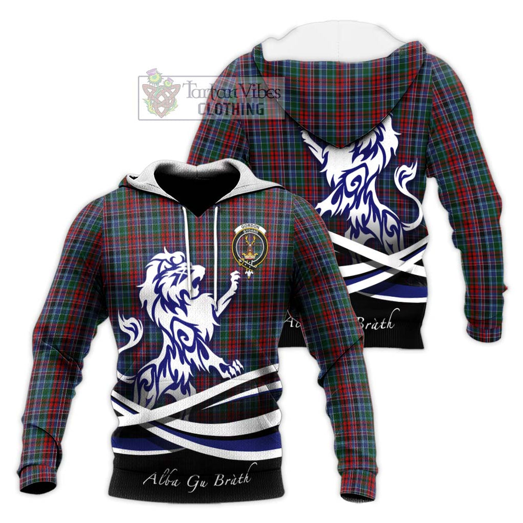 Gordon Red Tartan Knitted Hoodie with Alba Gu Brath Regal Lion Emblem Unisex Knitted Pullover Hoodie - Tartanvibesclothing Shop