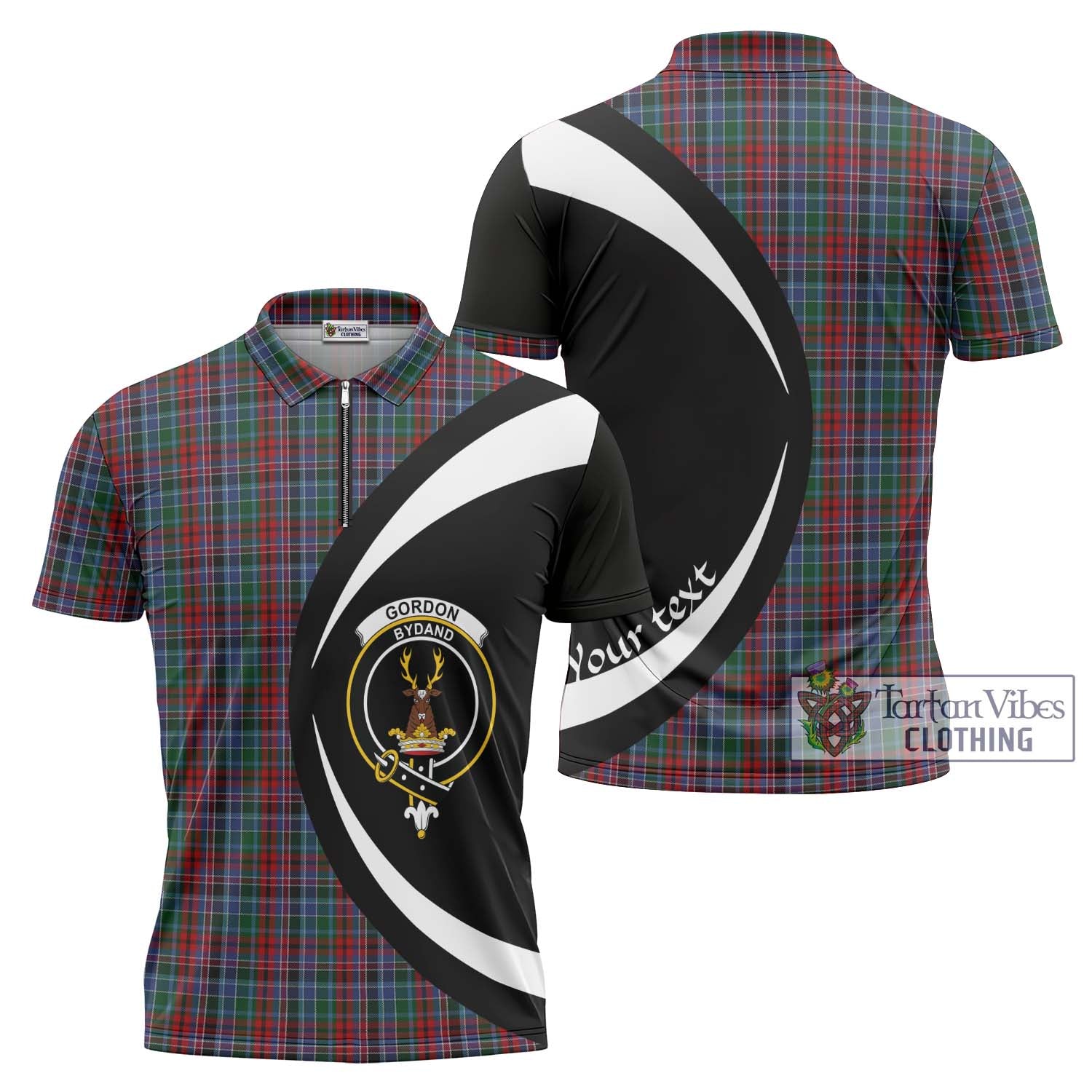 Tartan Vibes Clothing Gordon Red Tartan Zipper Polo Shirt with Family Crest Circle Style