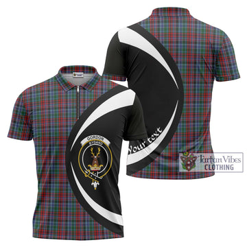 Gordon Red Tartan Zipper Polo Shirt with Family Crest Circle Style