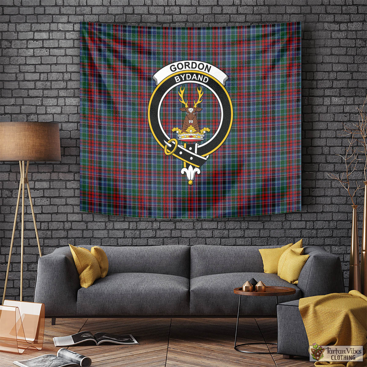 Tartan Vibes Clothing Gordon Red Tartan Tapestry Wall Hanging and Home Decor for Room with Family Crest