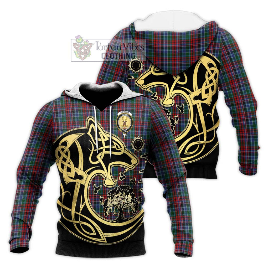 Gordon Red Tartan Knitted Hoodie with Family Crest Celtic Wolf Style Unisex Knitted Pullover Hoodie - Tartan Vibes Clothing