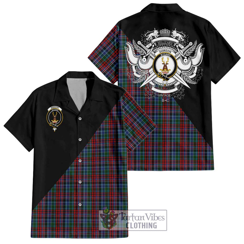 Gordon Red Tartan Short Sleeve Button Shirt with Family Crest and Military Logo Style Kid - Tartanvibesclothing Shop