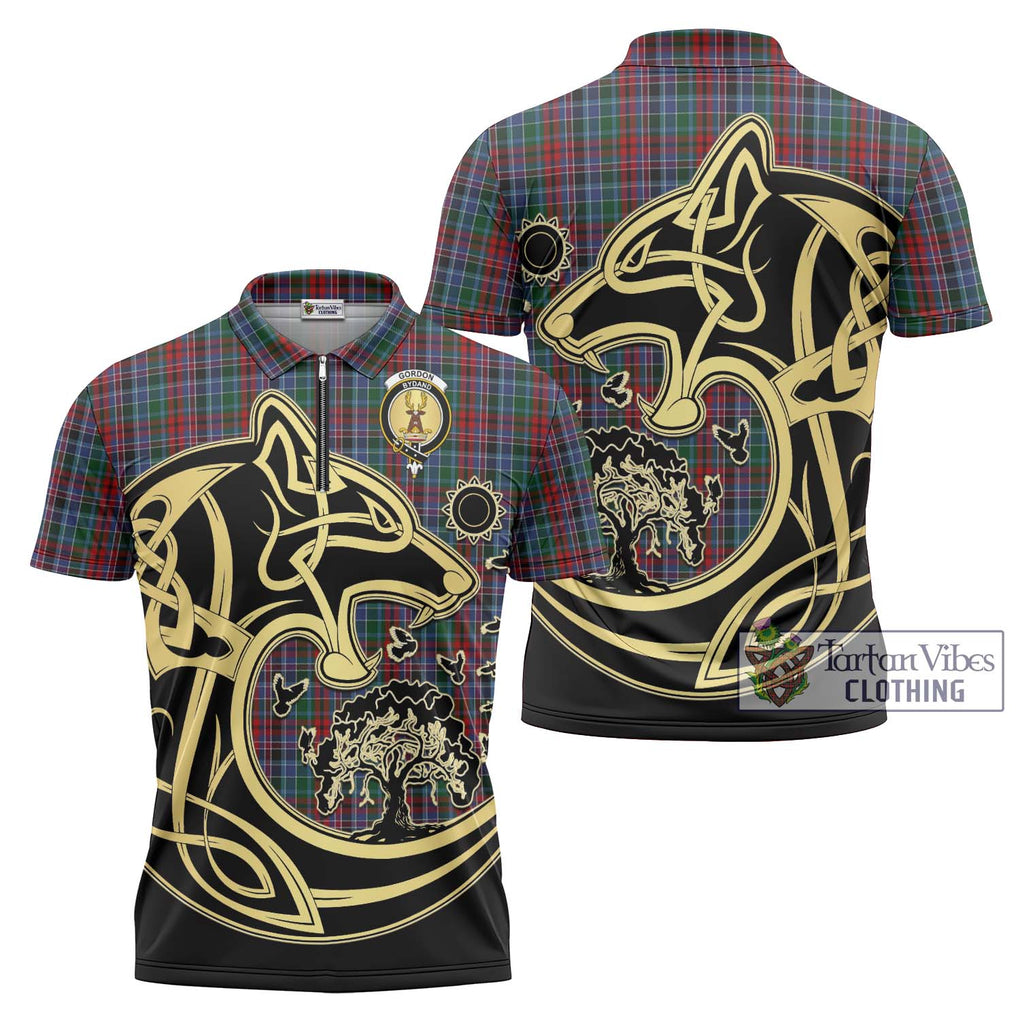 Gordon Red Tartan Zipper Polo Shirt with Family Crest Celtic Wolf Style Unisex - Tartanvibesclothing Shop