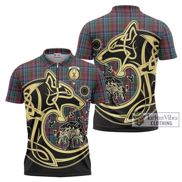 Gordon Red Tartan Zipper Polo Shirt with Family Crest Celtic Wolf Style