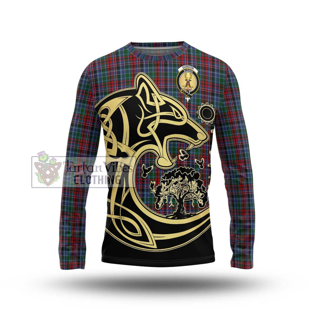 Gordon Red Tartan Long Sleeve T-Shirt with Family Crest Celtic Wolf Style Unisex - Tartan Vibes Clothing