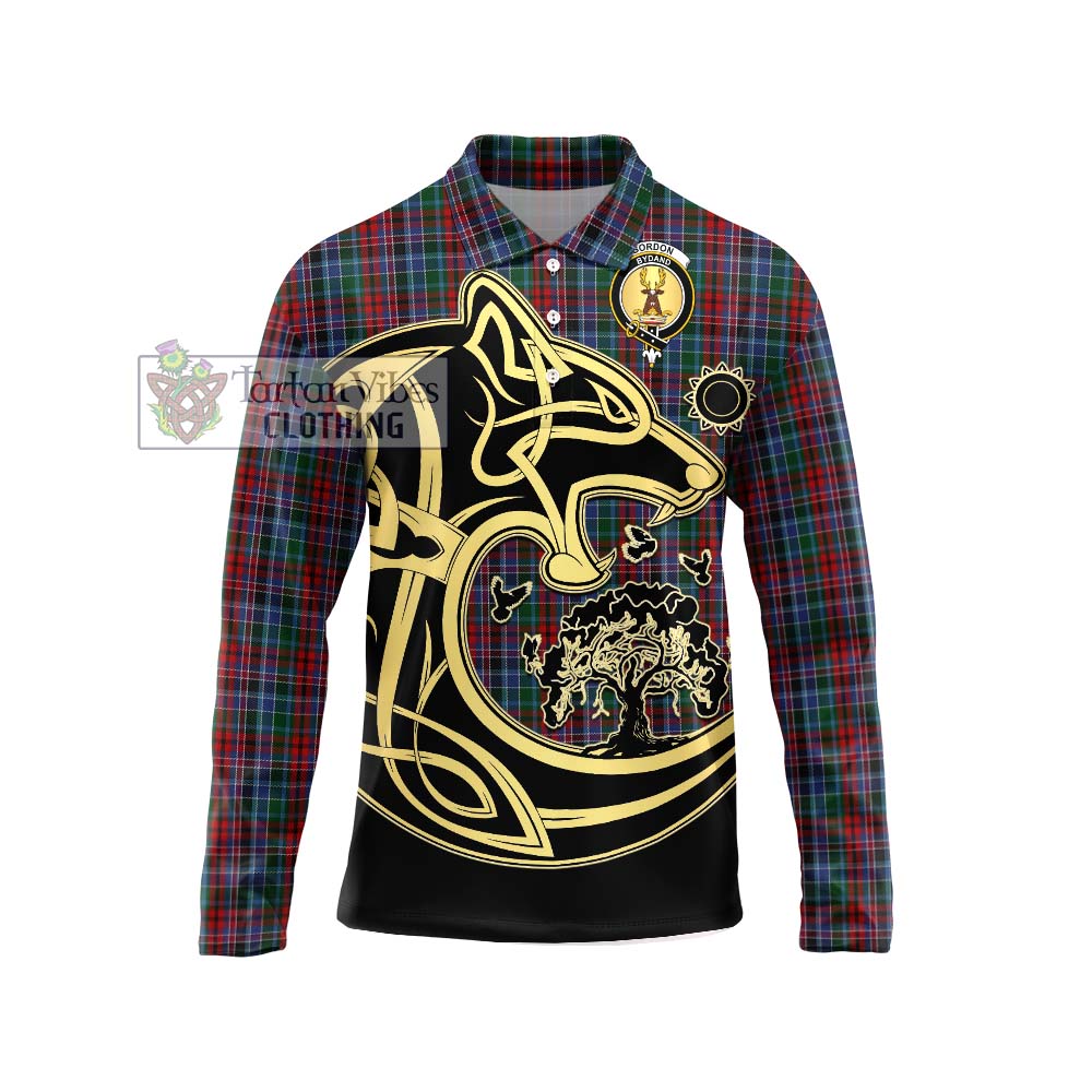 Gordon Red Tartan Long Sleeve Polo Shirt with Family Crest Celtic Wolf Style Unisex - Tartanvibesclothing Shop