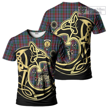 Gordon Red Tartan T-Shirt with Family Crest Celtic Wolf Style