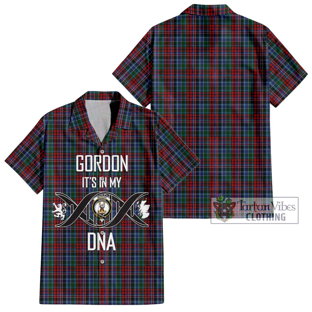 Gordon Red Tartan Short Sleeve Button Shirt with Family Crest DNA In Me Style Kid - Tartanvibesclothing Shop