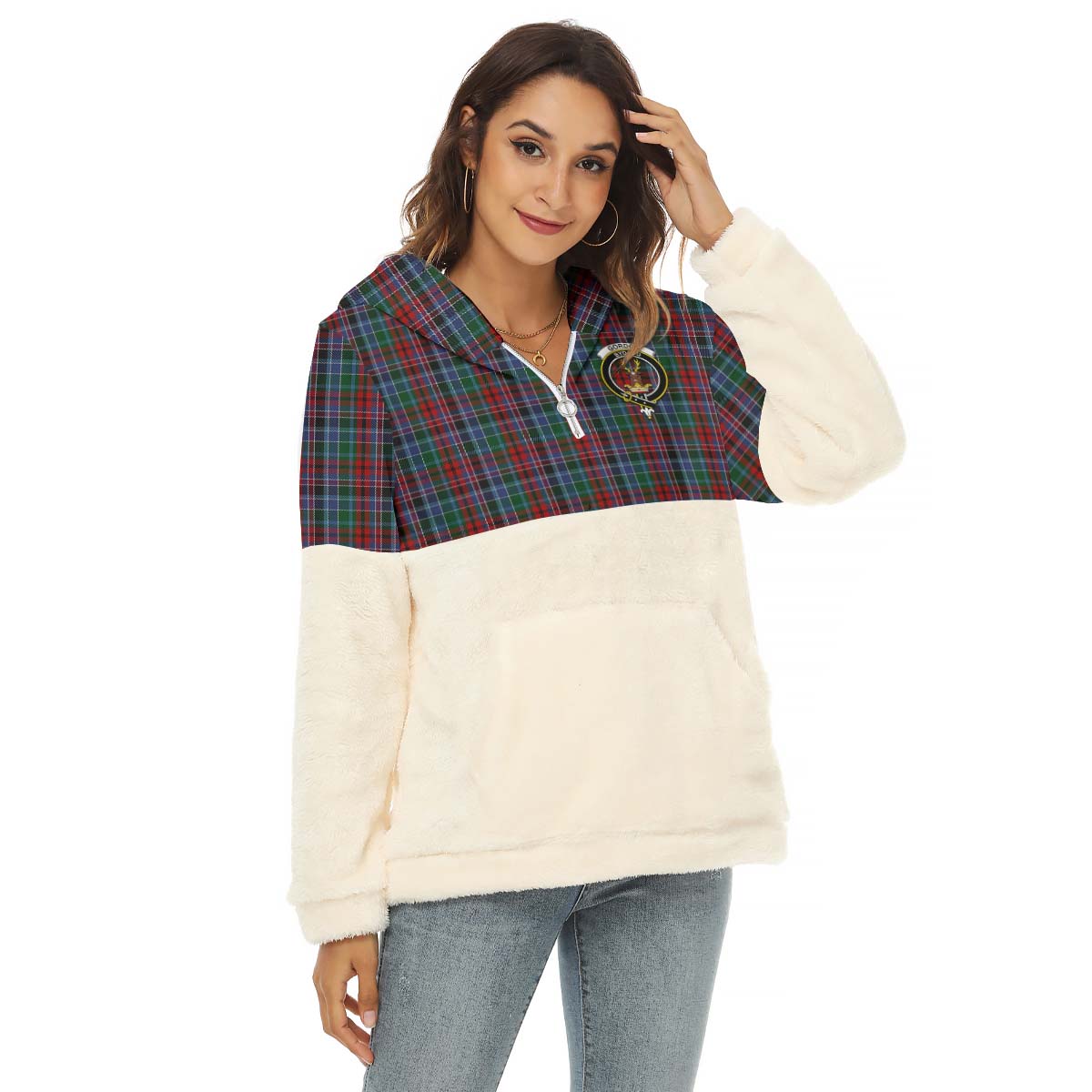 Gordon Red Tartan Women's Borg Fleece Hoodie With Half Zip with Family Crest Female - Tartan Vibes Clothing