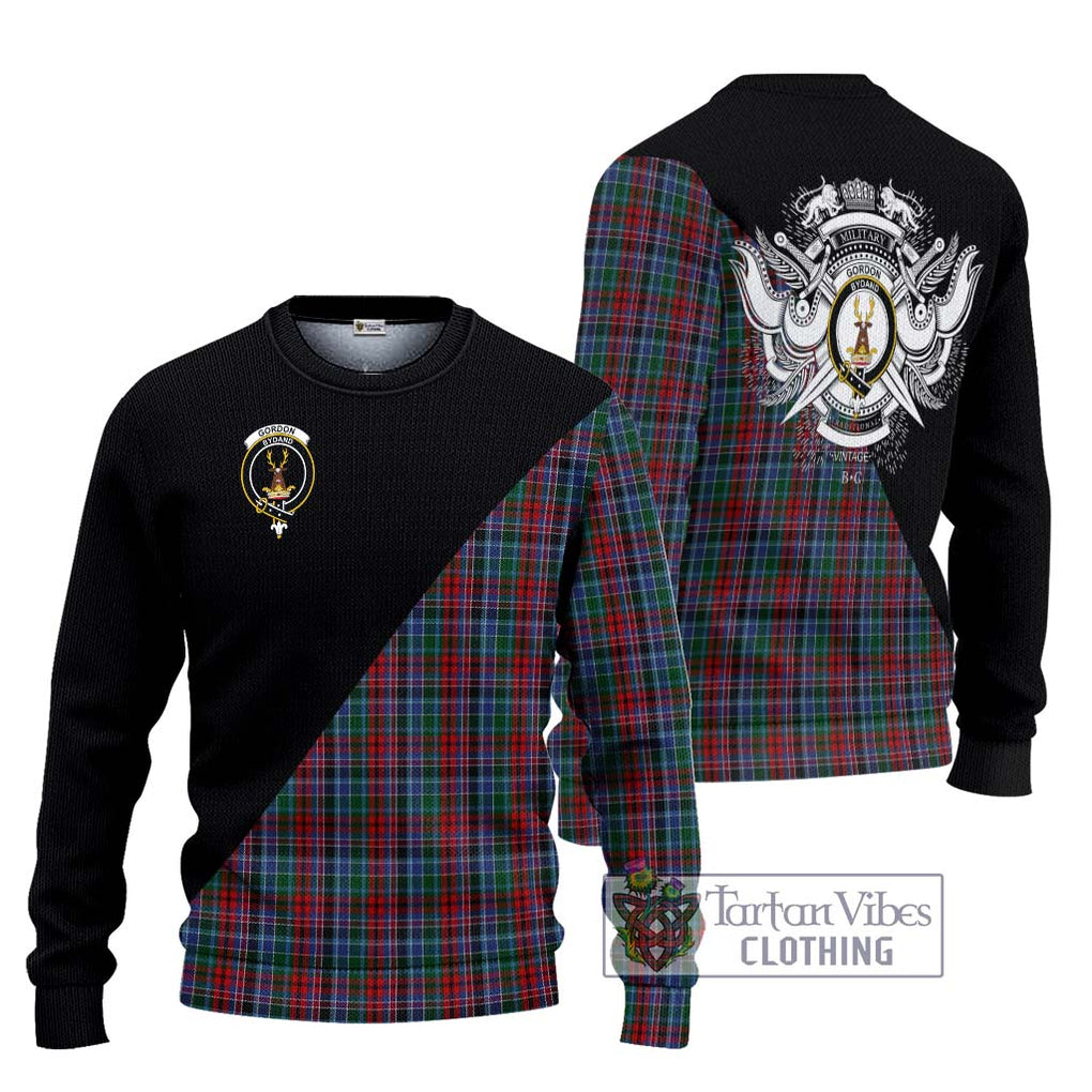 Gordon Red Tartan Knitted Sweater with Family Crest and Military Logo Style Unisex - Tartanvibesclothing Shop