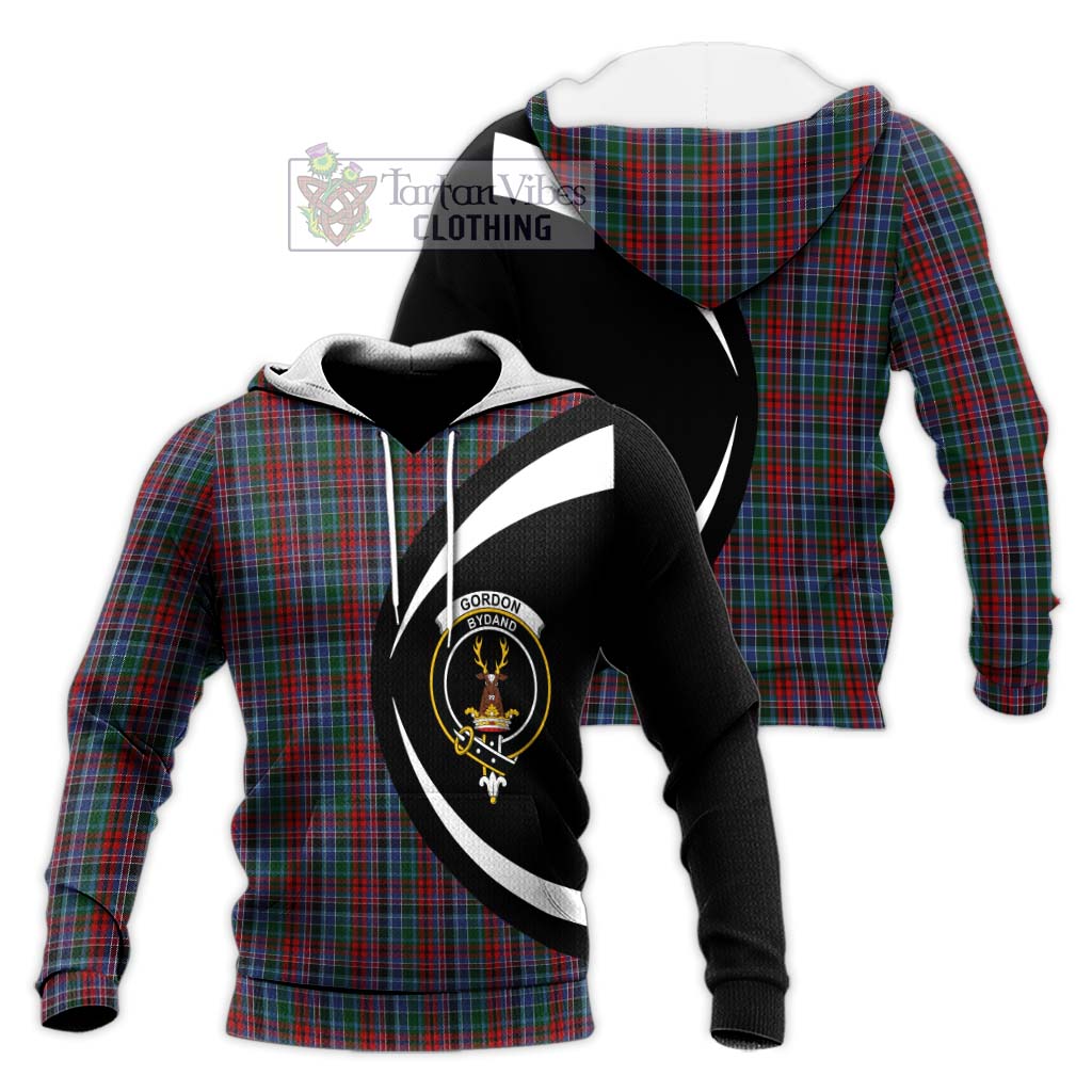 Gordon Red Tartan Knitted Hoodie with Family Crest Circle Style Unisex Knitted Pullover Hoodie - Tartan Vibes Clothing