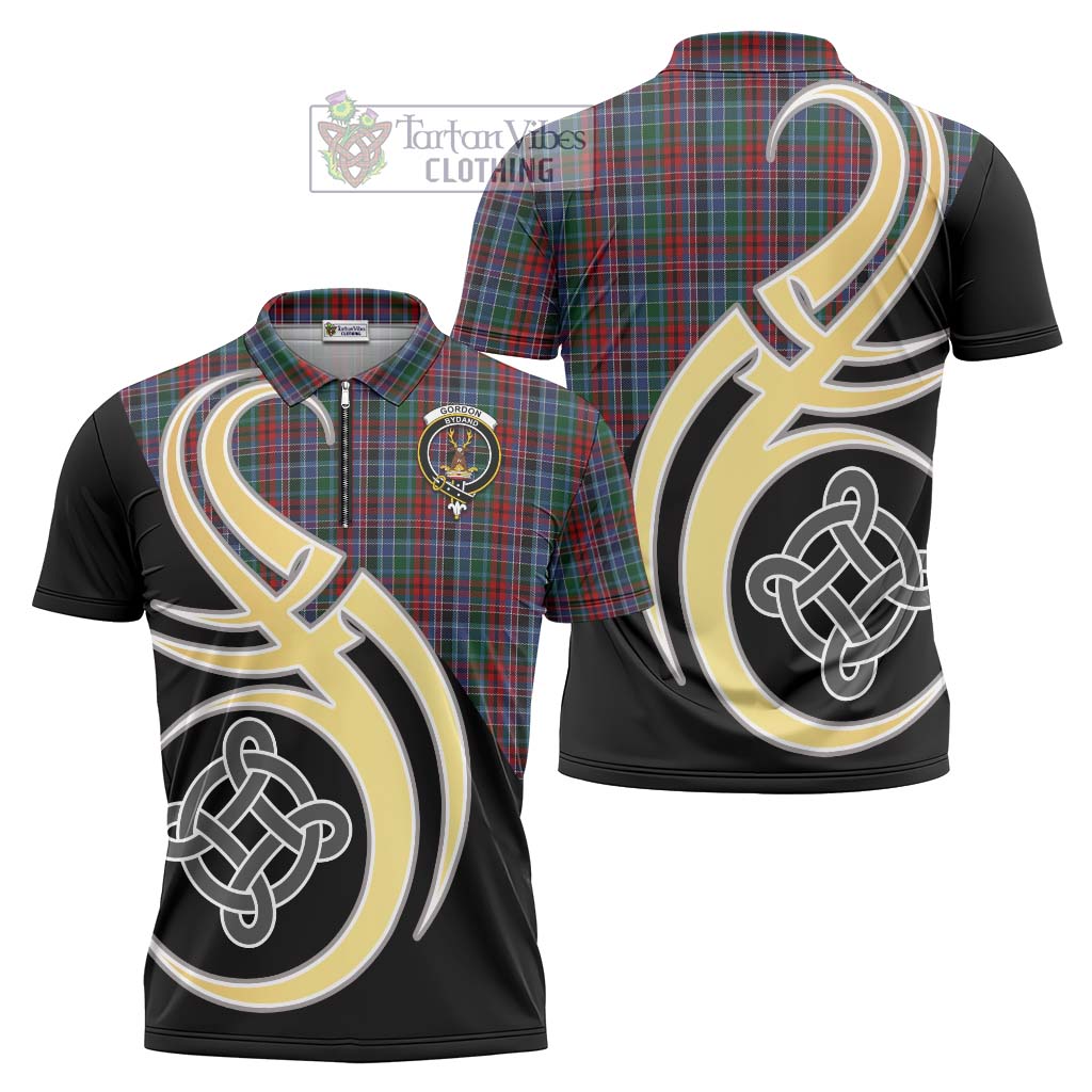 Tartan Vibes Clothing Gordon Red Tartan Zipper Polo Shirt with Family Crest and Celtic Symbol Style