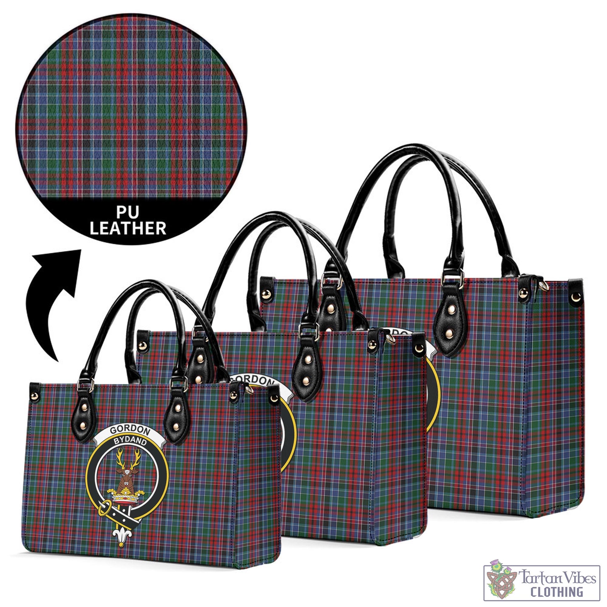 Tartan Vibes Clothing Gordon Red Tartan Luxury Leather Handbags with Family Crest