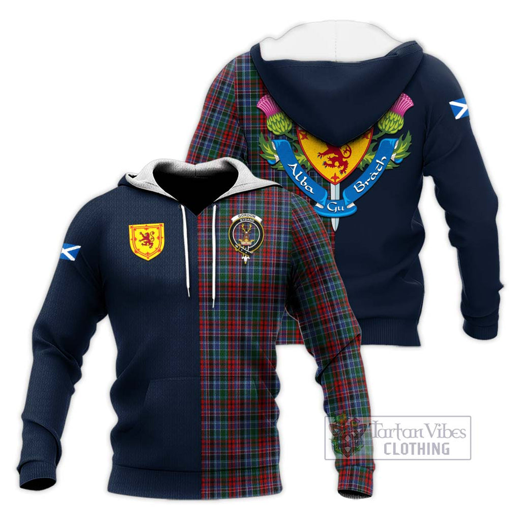 Tartan Vibes Clothing Gordon Red Tartan Knitted Hoodie with Scottish Lion Royal Arm Half Style