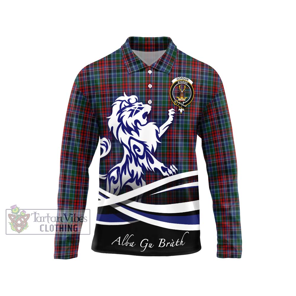 Gordon Red Tartan Long Sleeve Polo Shirt with Alba Gu Brath Regal Lion Emblem Unisex - Tartanvibesclothing Shop