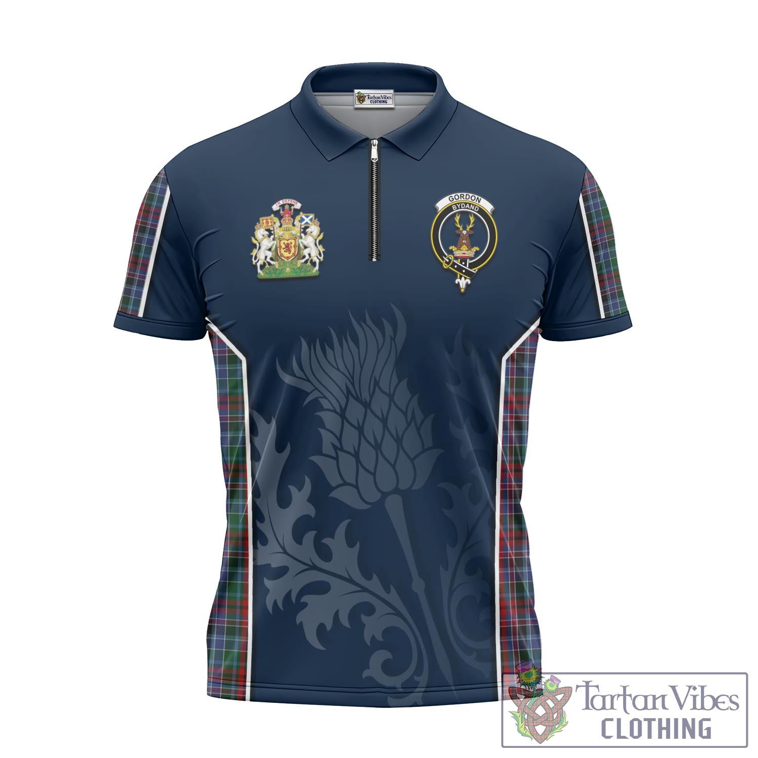 Tartan Vibes Clothing Gordon Red Tartan Zipper Polo Shirt with Family Crest and Scottish Thistle Vibes Sport Style