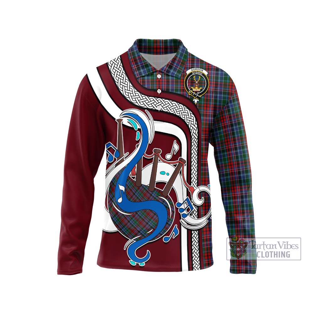 Tartan Vibes Clothing Gordon Red Tartan Long Sleeve Polo Shirt with Epic Bagpipe Style