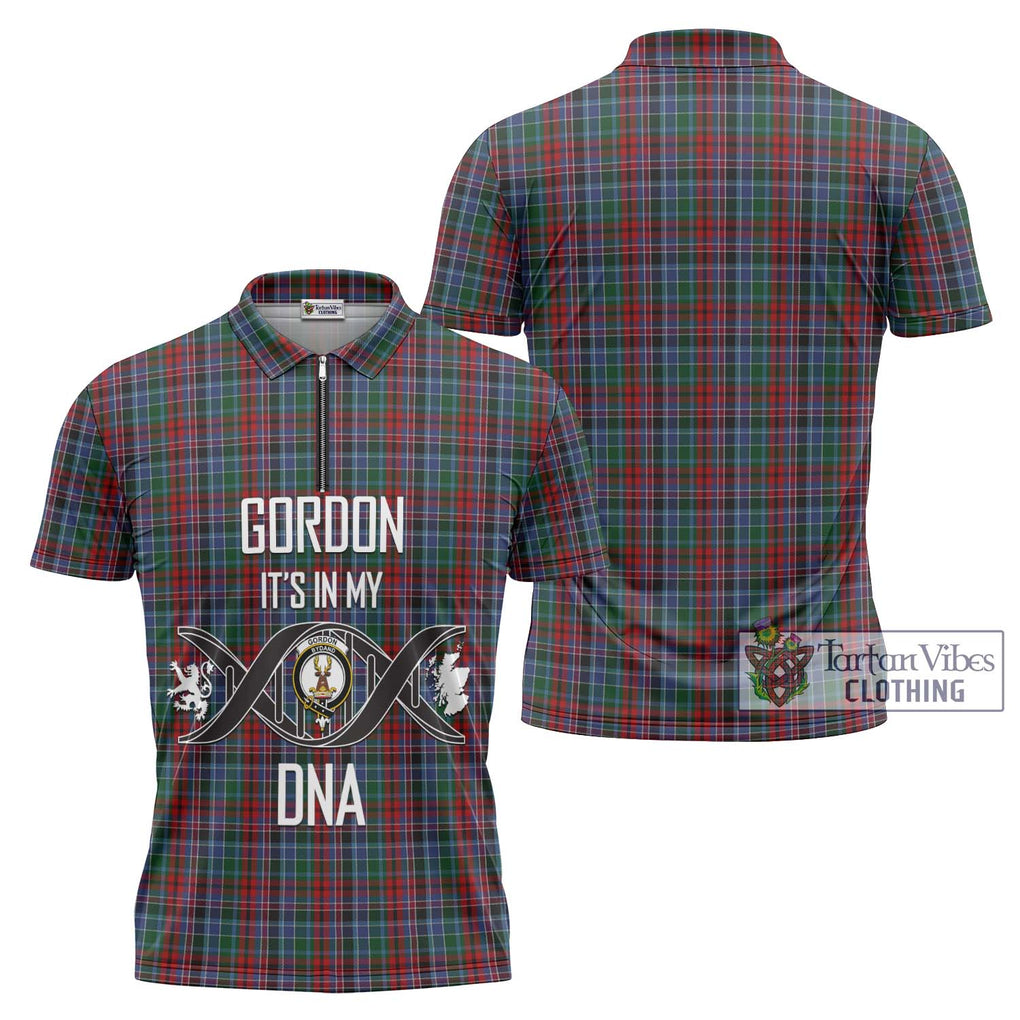 Gordon Red Tartan Zipper Polo Shirt with Family Crest DNA In Me Style Unisex - Tartanvibesclothing Shop