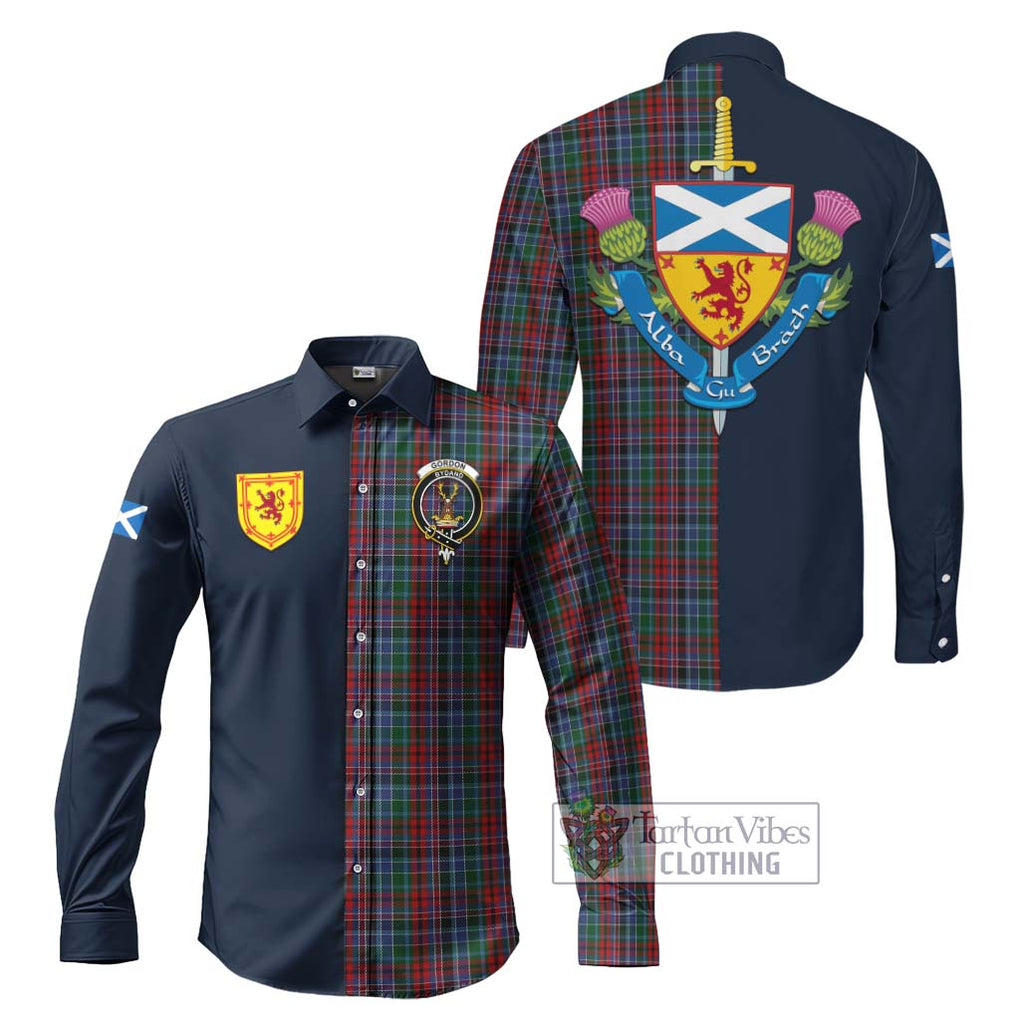 Tartan Vibes Clothing Gordon Red Tartan Long Sleeve Button Shirt with Scottish Lion Royal Arm Half Style