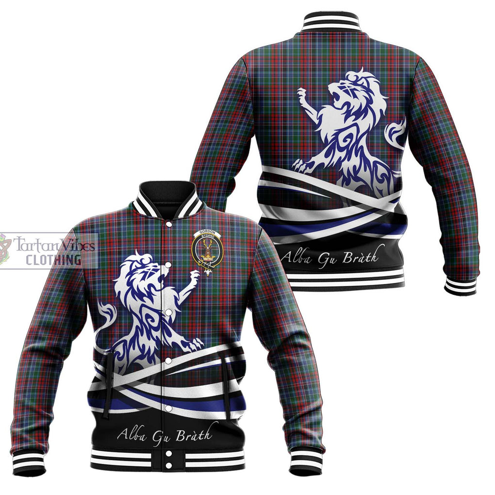 Gordon Red Tartan Baseball Jacket with Alba Gu Brath Regal Lion Emblem Unisex - Tartanvibesclothing Shop