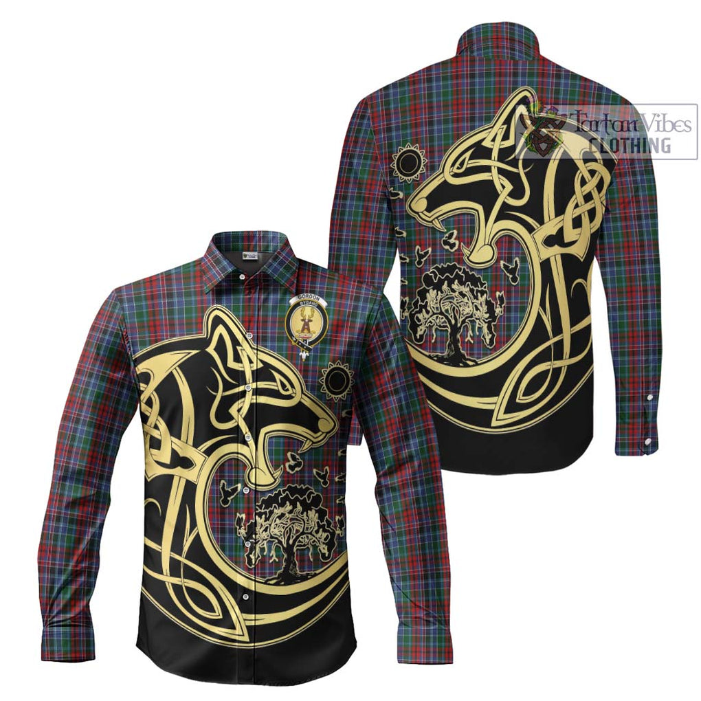 Gordon Red Tartan Long Sleeve Button Shirt with Family Crest Celtic Wolf Style Men's Shirt S - Tartan Vibes Clothing