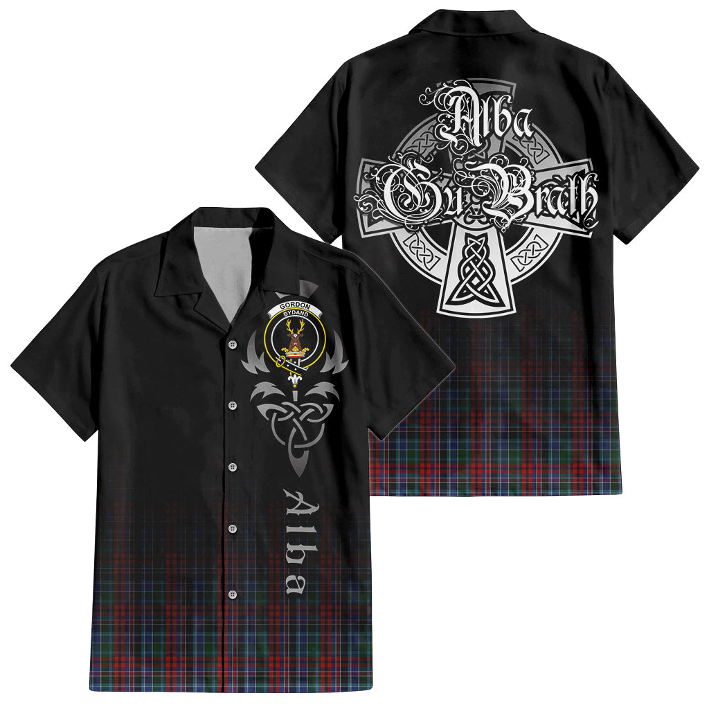 Tartan Vibes Clothing Gordon Red Tartan Short Sleeve Button Up Featuring Alba Gu Brath Family Crest Celtic Inspired