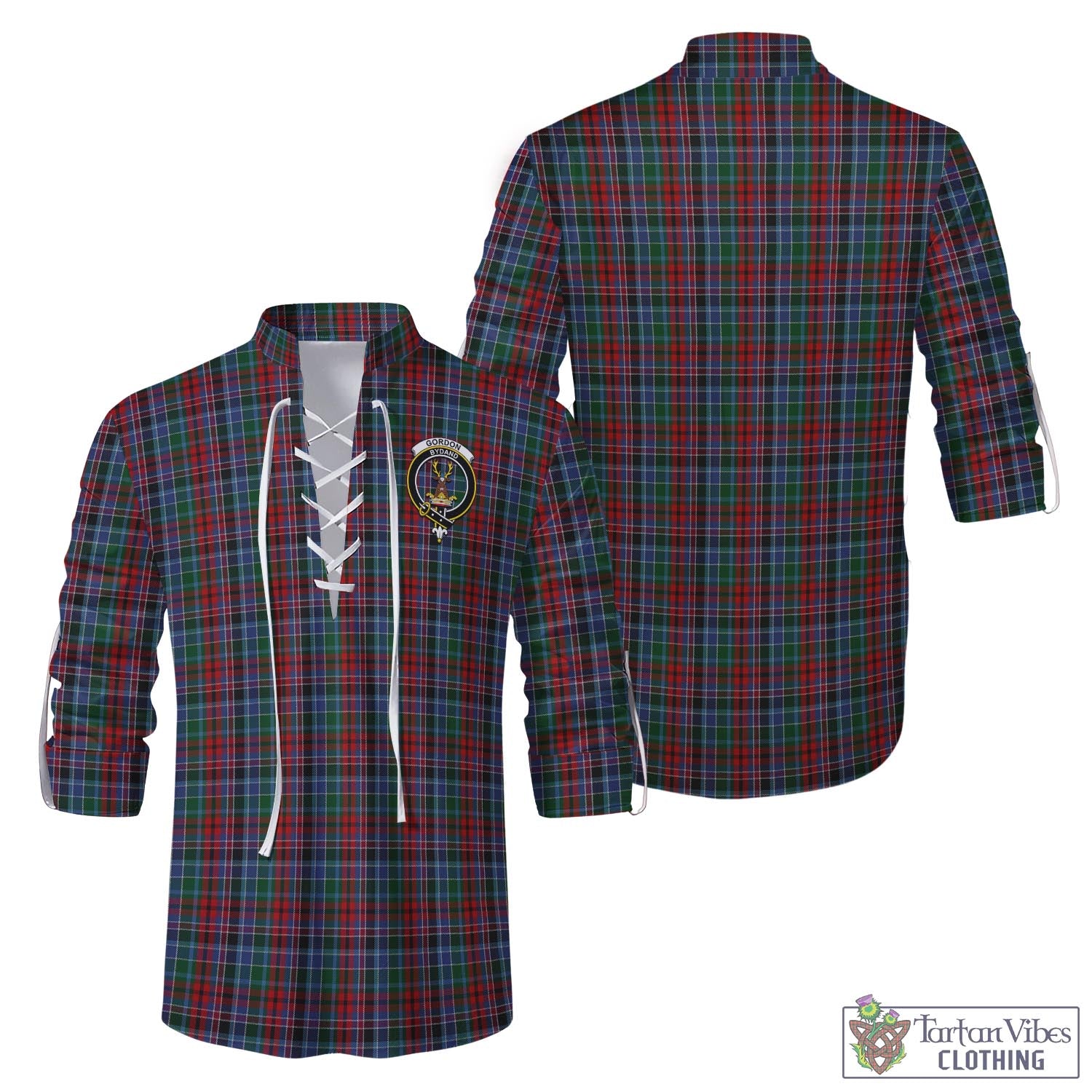 Tartan Vibes Clothing Gordon Red Tartan Men's Scottish Traditional Jacobite Ghillie Kilt Shirt with Family Crest