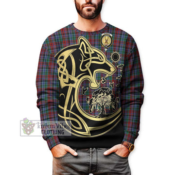 Gordon Red Tartan Sweatshirt with Family Crest Celtic Wolf Style